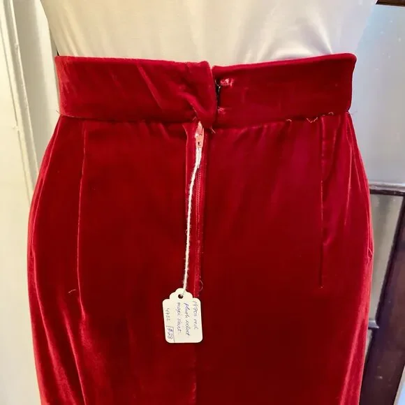 1960s Cranberry Red Straight Maxi Skirt Plush Velvet Hippie Does Victorian - Picture 4 of 9